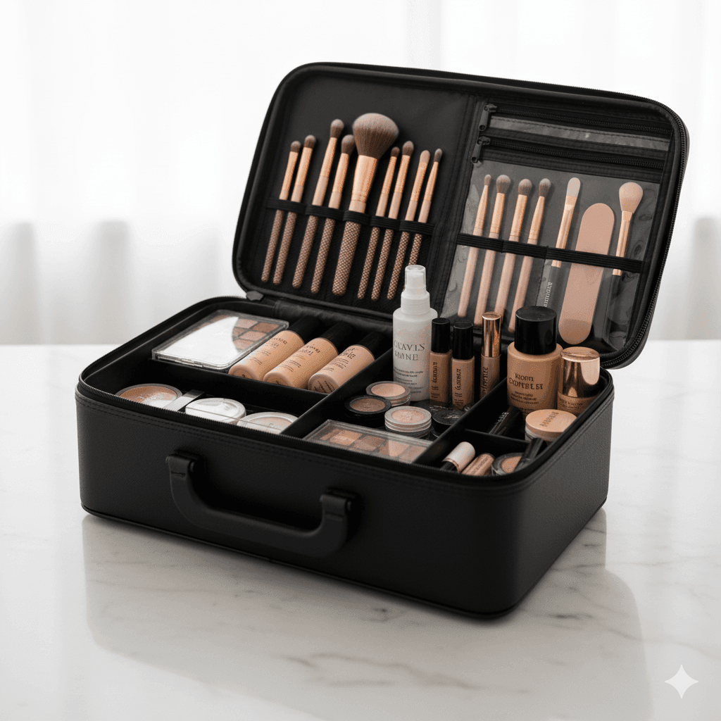 Organized makeup kit with brushes, products, and sanitizers in sections.
