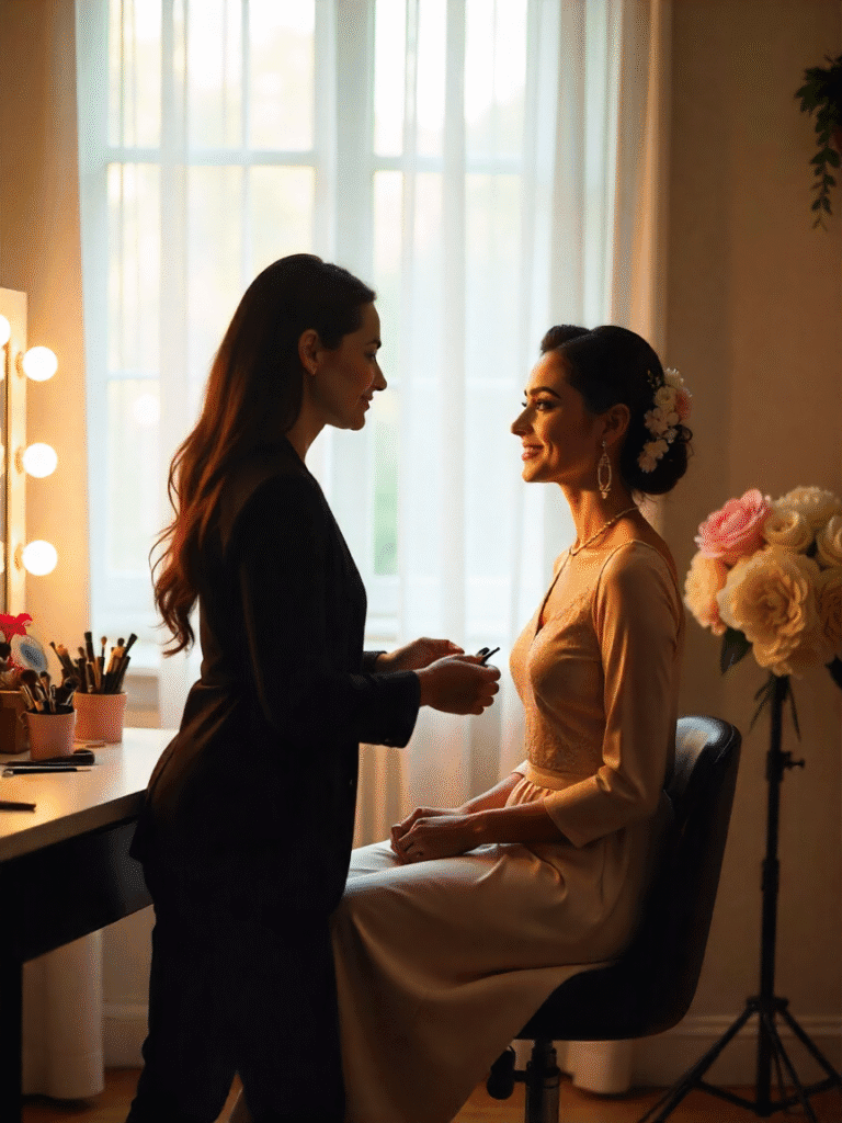 Professional makeup artist taking portfolio photos of a bridal model in bright natural light.