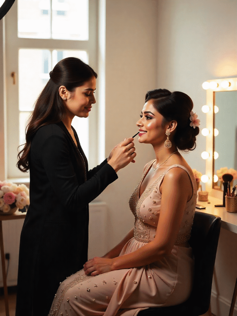 Professional makeup artist taking portfolio photos of a bridal model in bright natural light.