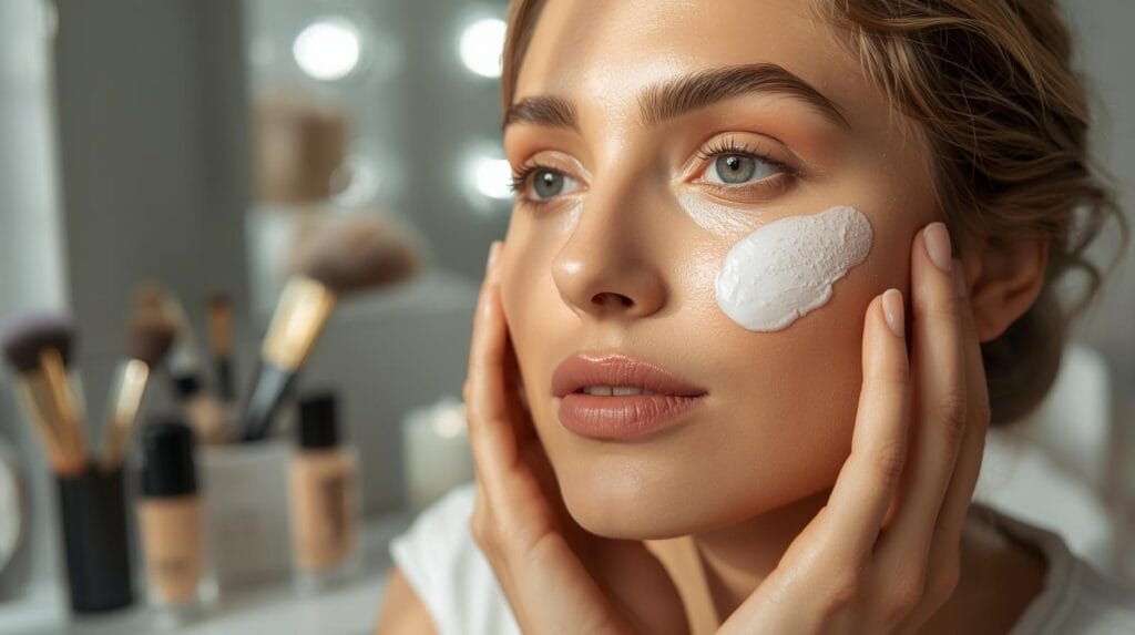 Woman prepping dry skin with moisturizer before applying makeup.