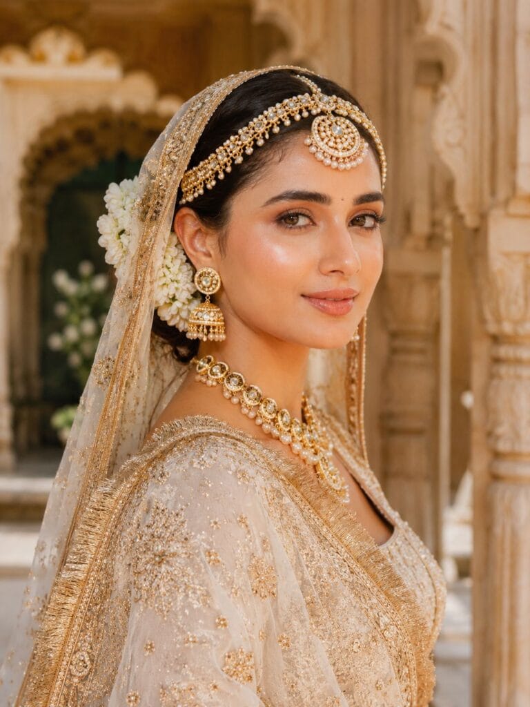 Rajputana bride in ivory bridal outfit with royal bridal makeup and heritage palace background.