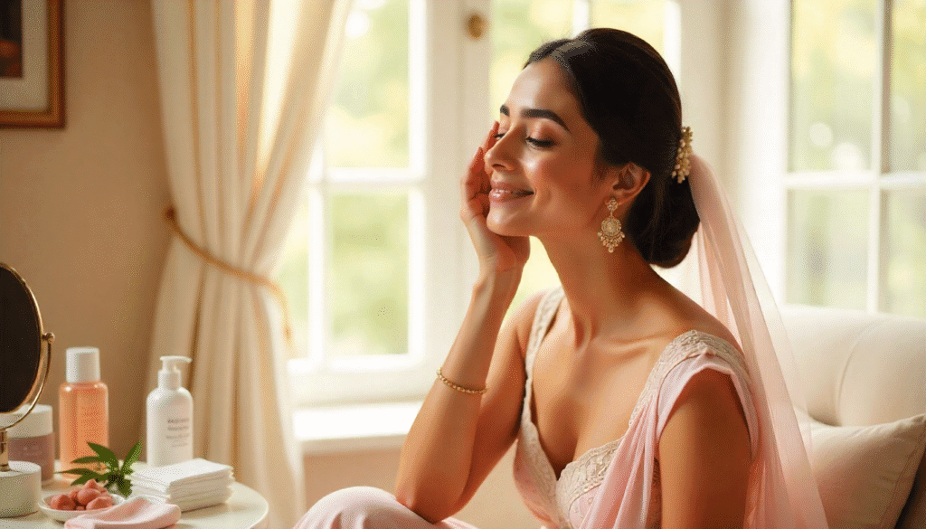 Indian bride with sensitive skin applying gentle skincare before her wedding, sitting near a window with natural light and soft pastel background.