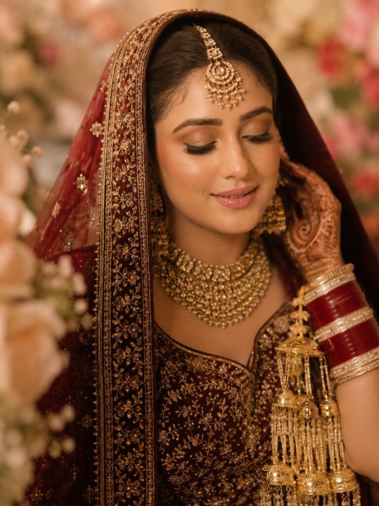 Punjabi bride wearing maroon lehenga with modern soft glam bridal makeup.