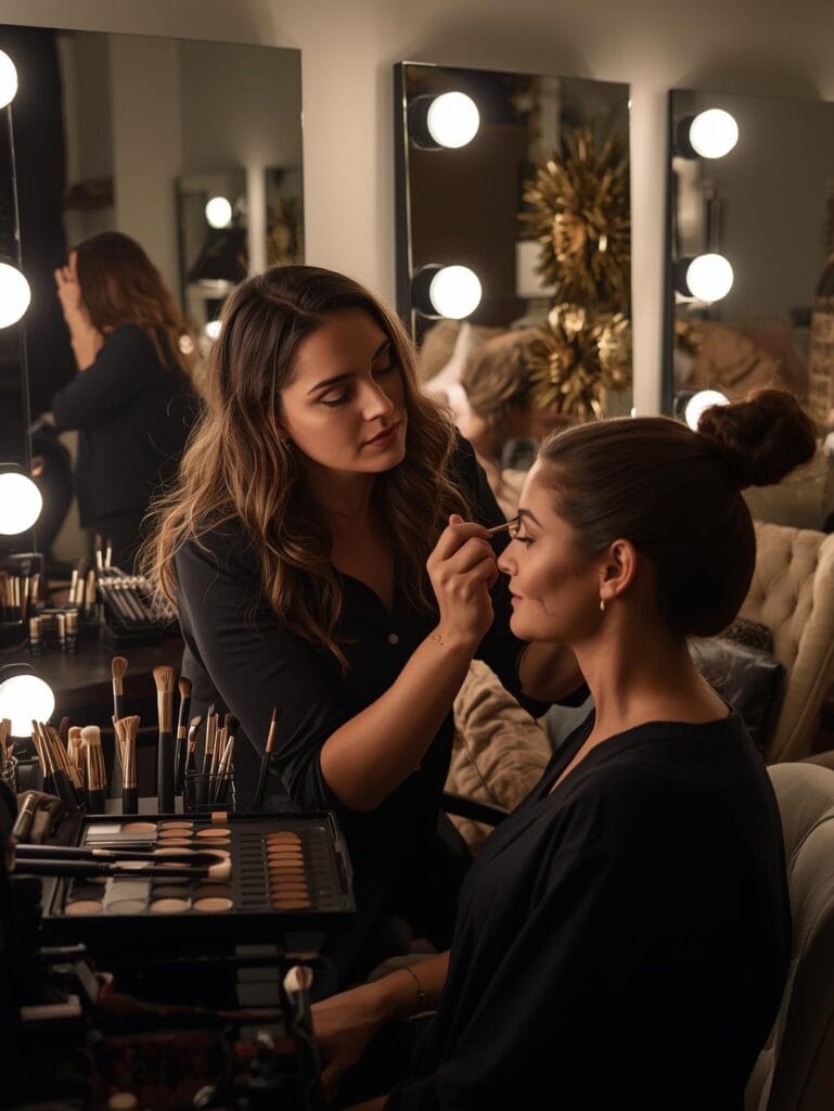Freelance makeup artist applying makeup on a client with a professional and clean setup.