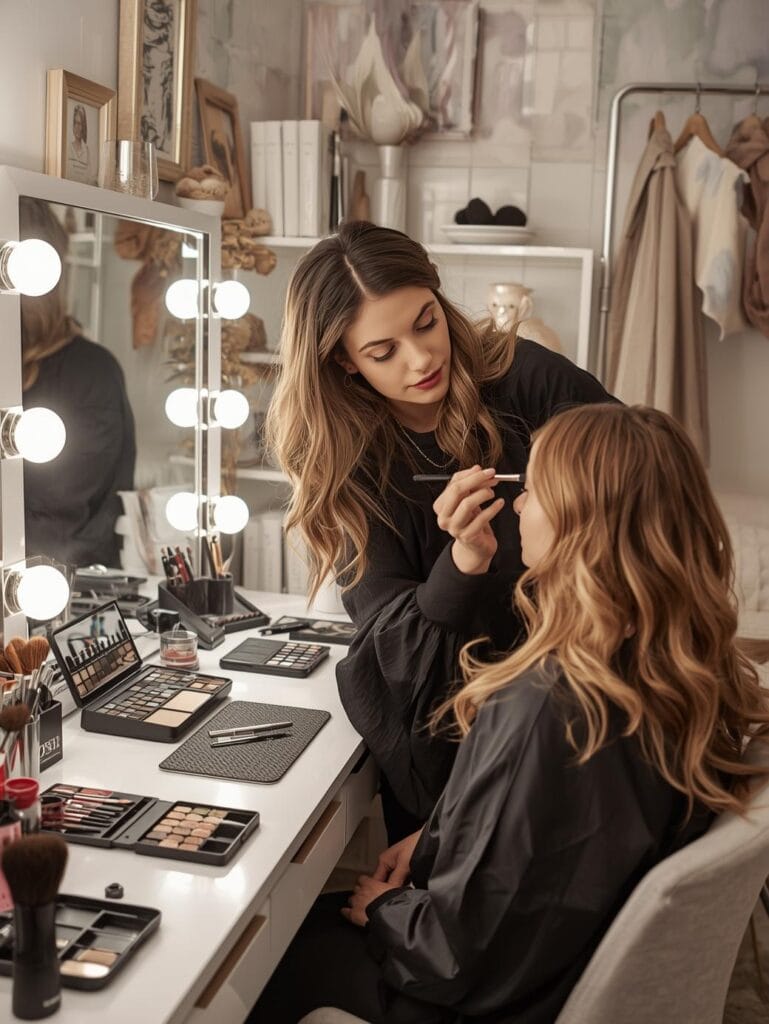 Freelance makeup artist applying makeup on a client with a professional and clean setup.