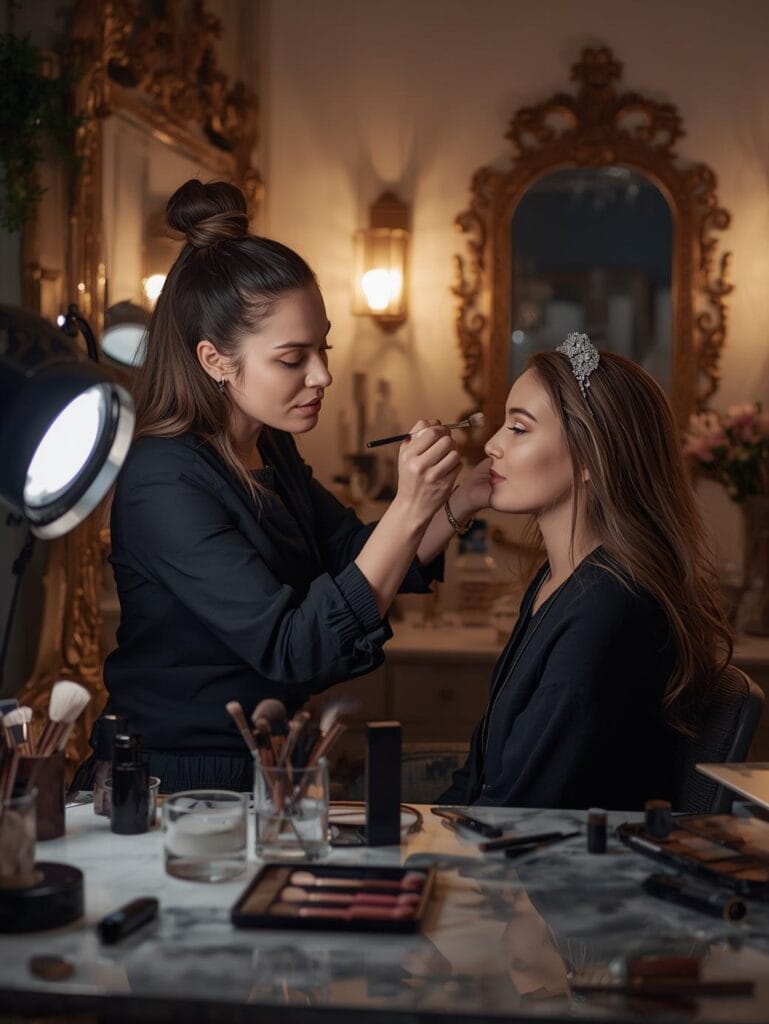 Freelance makeup artist applying makeup on a client with a professional and clean setup.