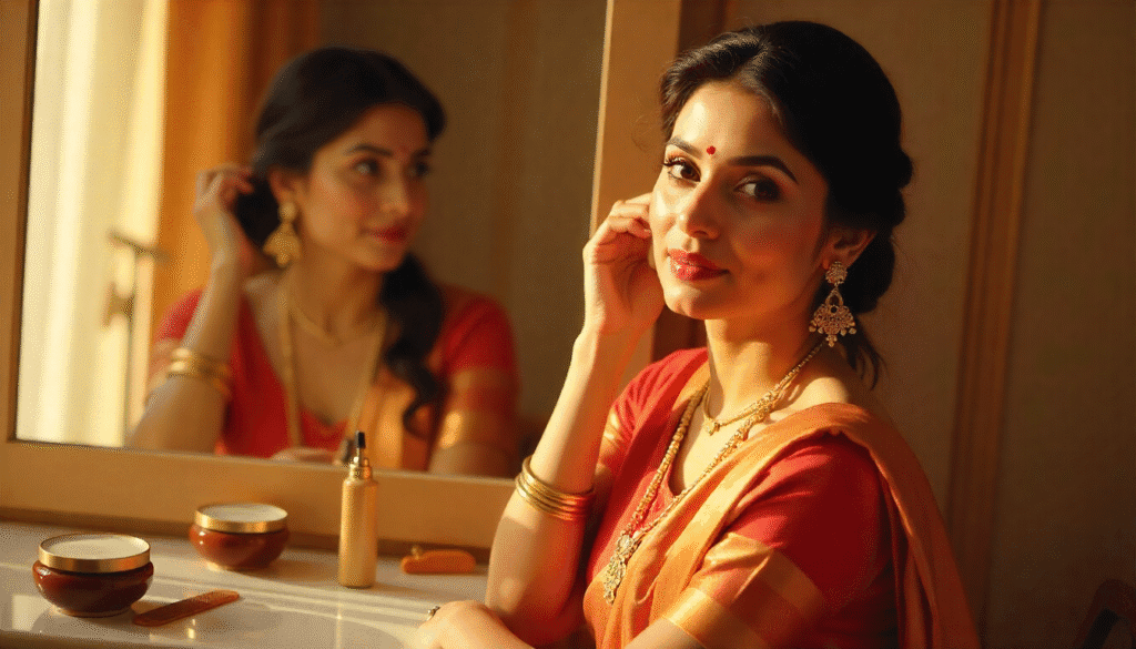 Varanasi bride applying pre-bridal hair serum in front of a mirror for shiny and healthy hair