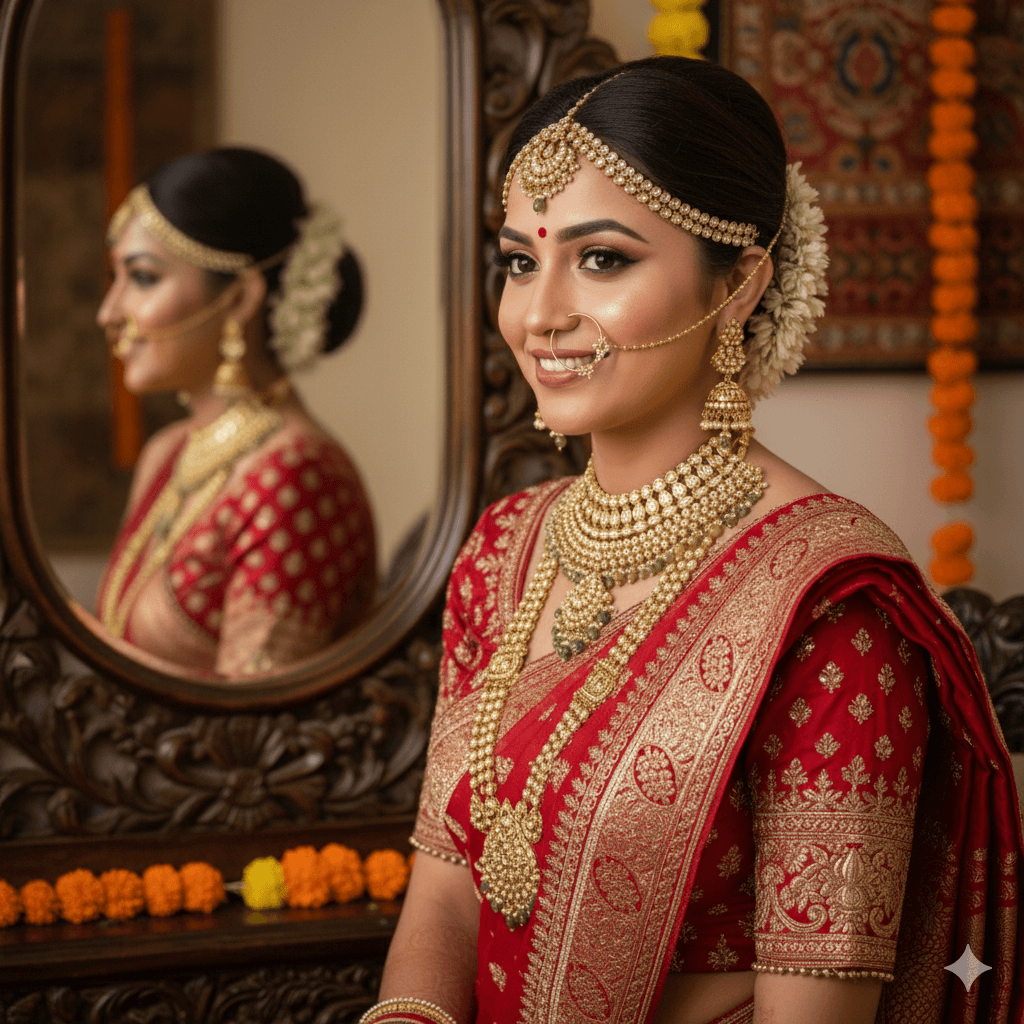Varanasi bride in Banarasi saree wearing HD makeup for natural glow