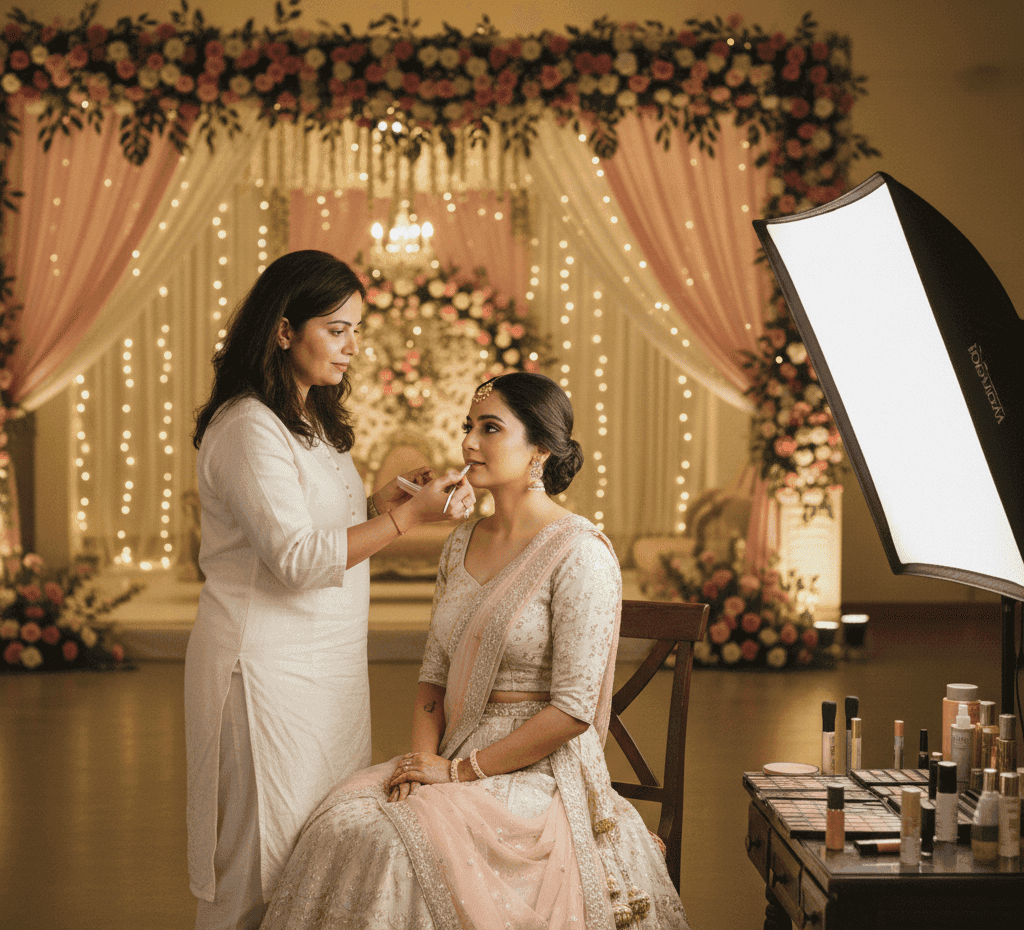 Bridal makeup at home in Varanasi by professional makeup artist using hygienic tools