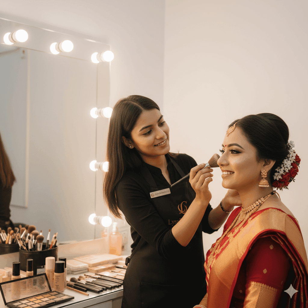 LyraBeauty.in makeup artist applying HD bridal makeup in Varanasi