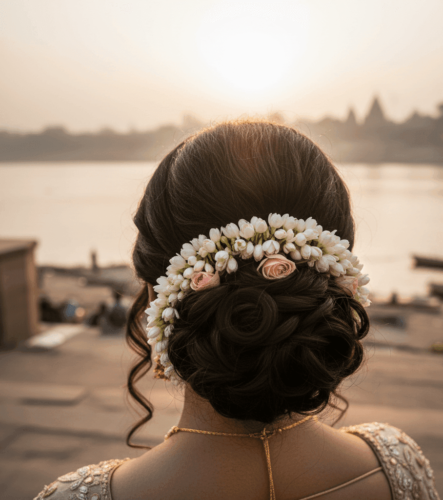 Bridal hairstyle with fresh flowers captured at Assi Ghat during a day wedding.