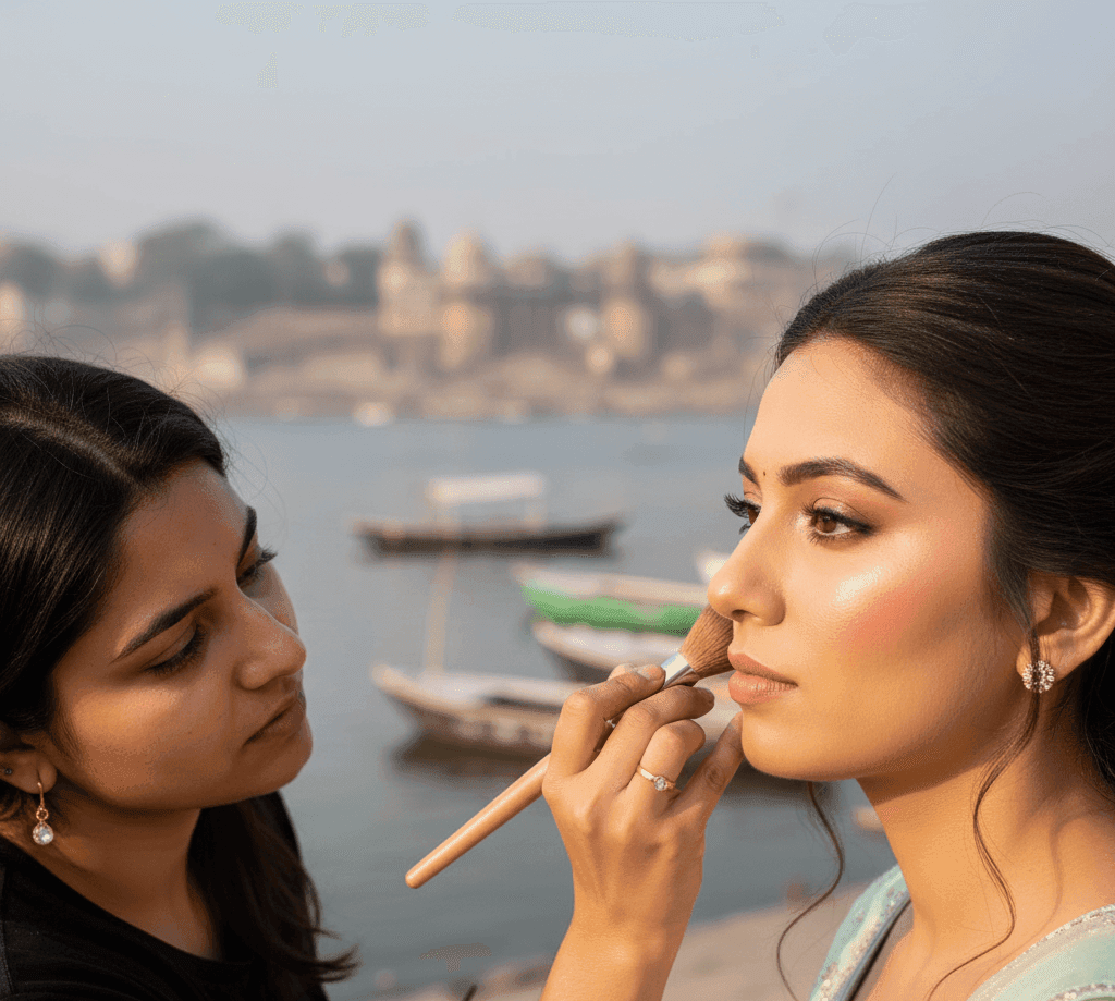 Makeup artist doing touch-up for a bride at Assi Ghat during a day wedding.