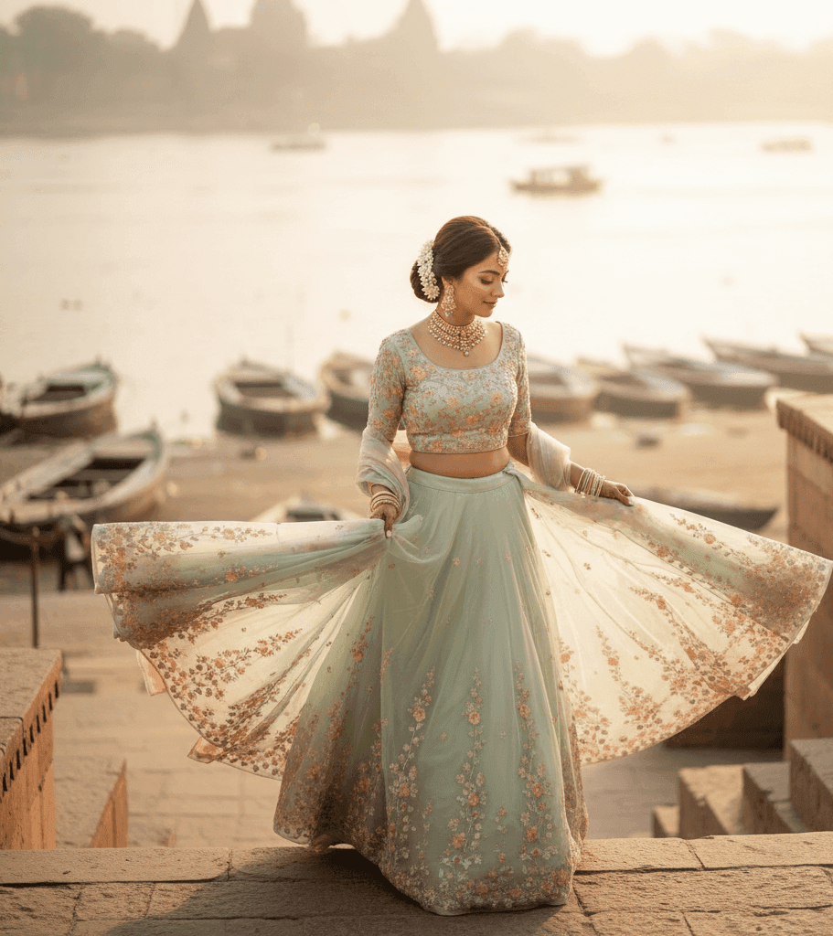 Bride standing at Assi Ghat with soft matte day-wedding makeup.
