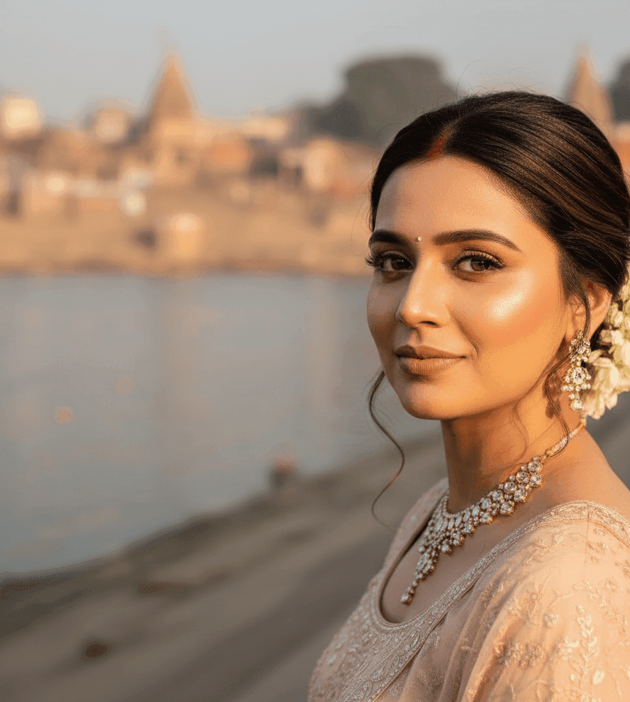 Close-up of a bride at Assi Ghat with soft natural day-wedding makeup.