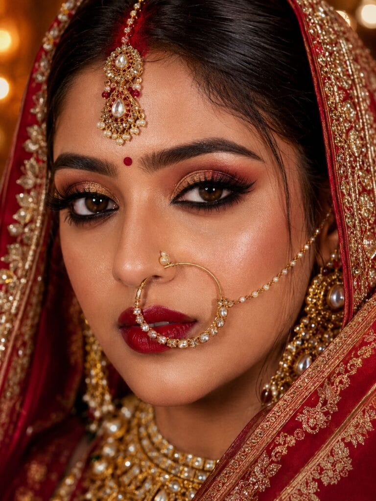Close-up portrait of an Indian bride with detailed Banarasi bridal eye makeup and kundan jewelry.