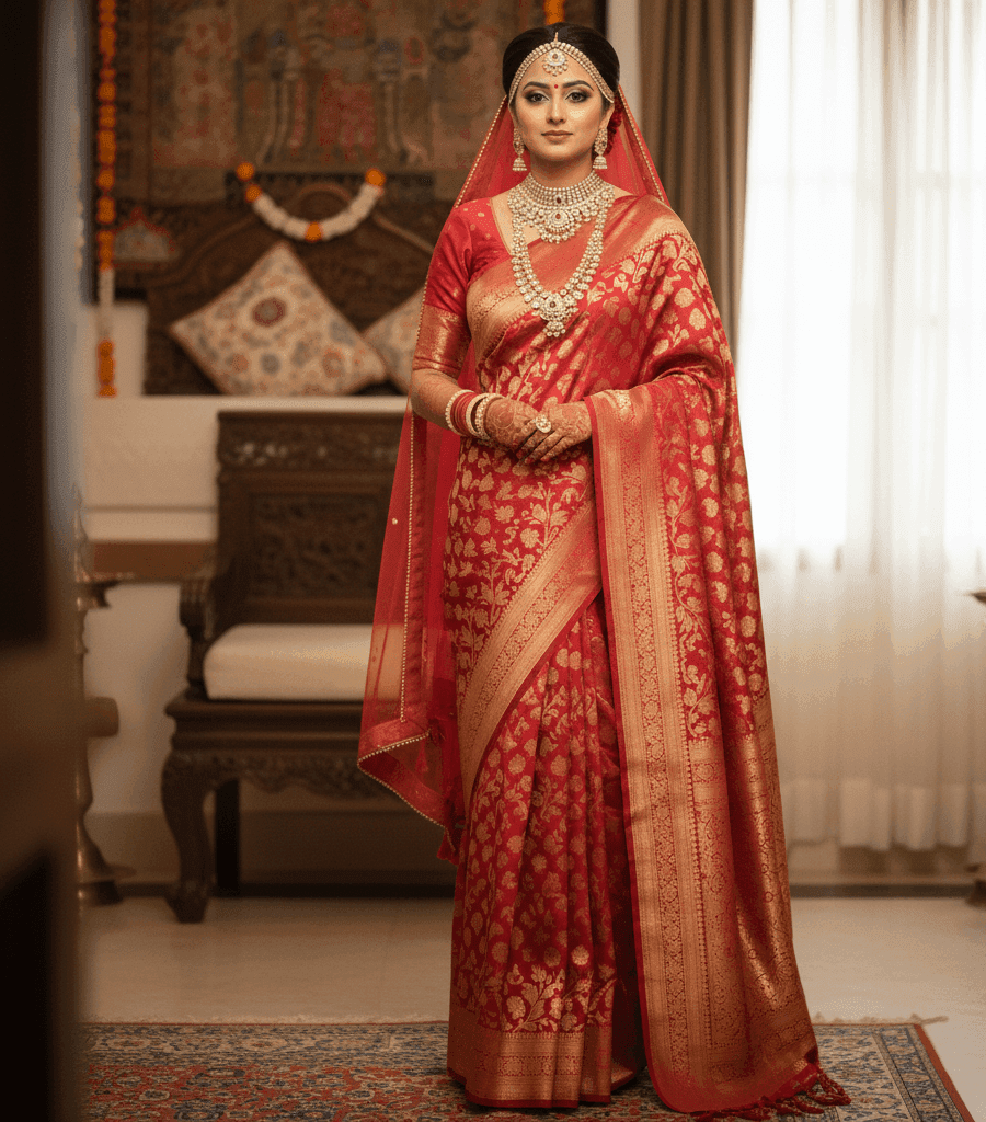 traditional Indian bridal makeup with red bindi, sindoor and Banarasi drape