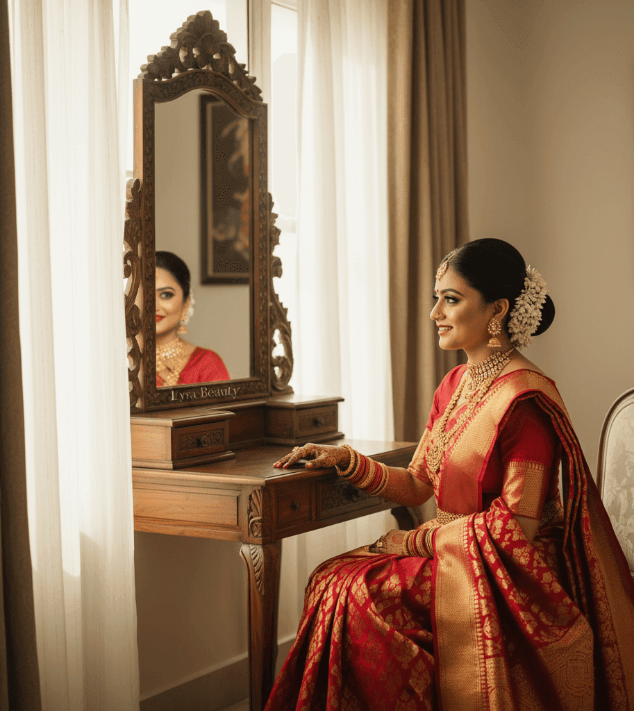 Stunning Banarasi bride in red saree posing gracefully after makeup.