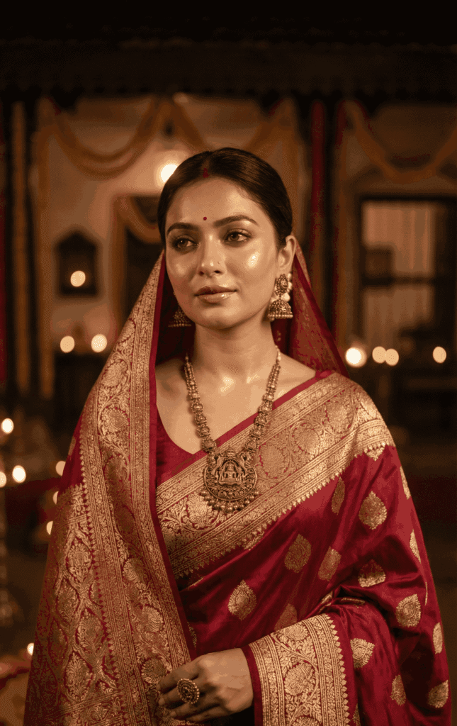 Banarasi bride reception look with modern makeup and tissue saree.