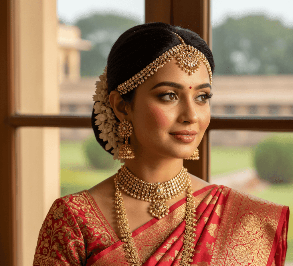 Banarasi bride wearing red and gold saree with soft glam makeup, glowing skin, and elegant traditional jewelry.
