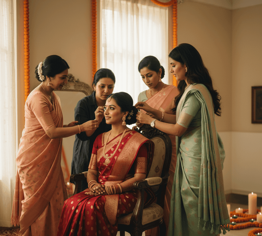 Cinematic scene of Banarasi bride getting ready with makeup artist, hairstylist, and bridesmaids in warm traditional lighting.