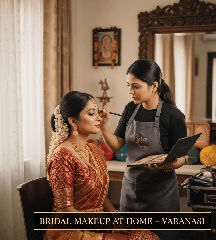 Professional bridal makeup artist in Varanasi providing home makeup service.