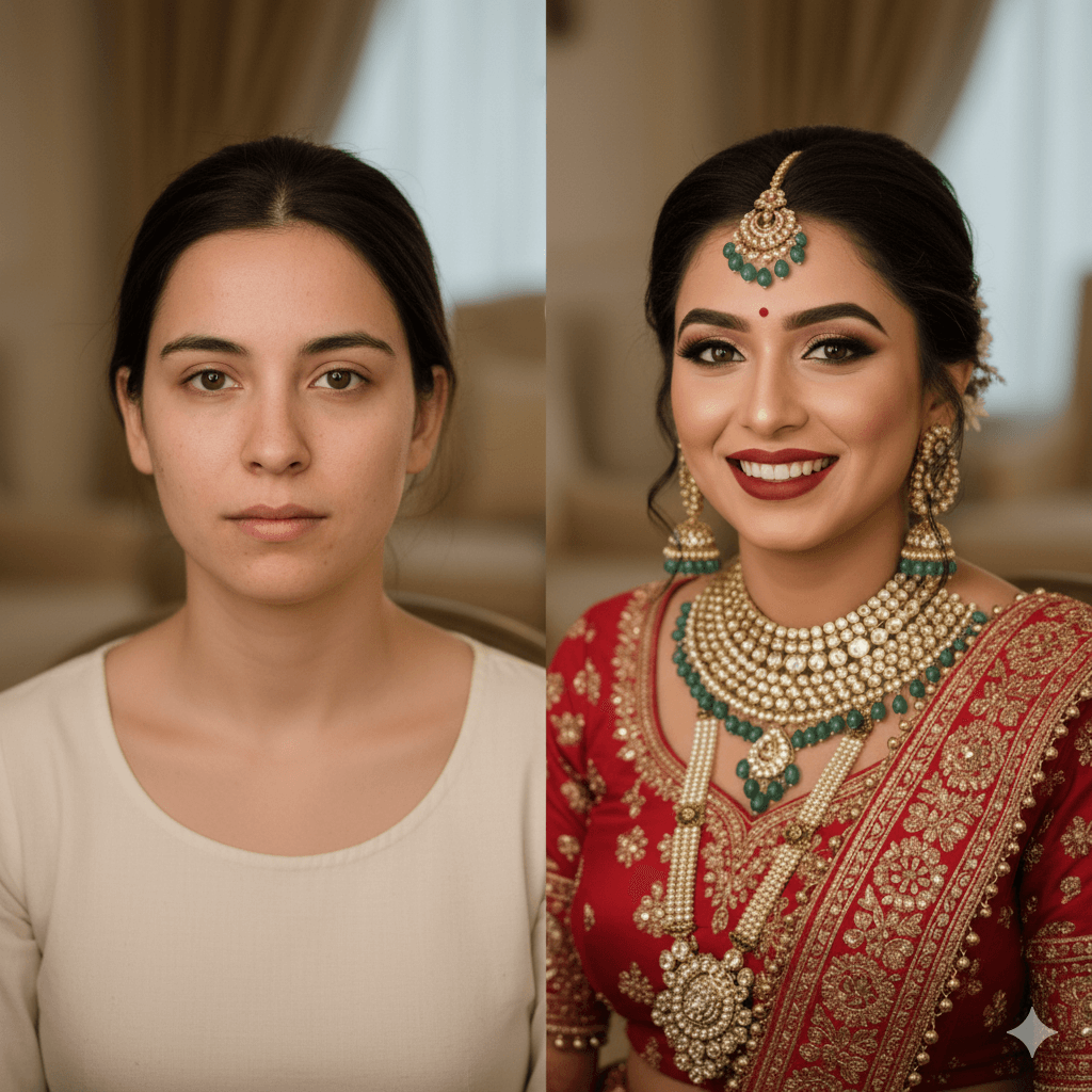 Before and after professional bridal makeup transformation.