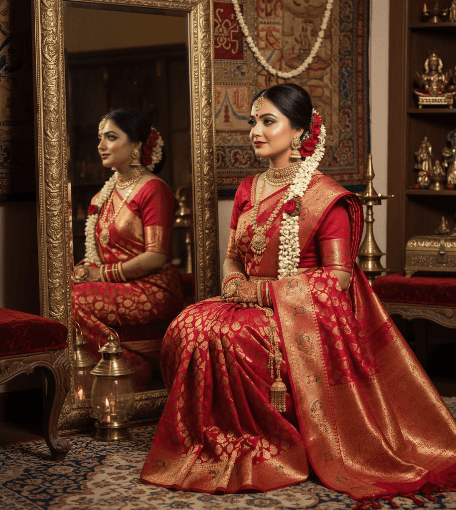 traditional Indian bridal makeup with red bindi, sindoor and Banarasi drape