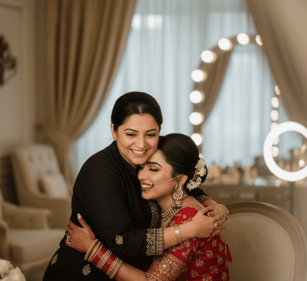 Bride thanking her makeup artist after final bridal look in Varanasi.