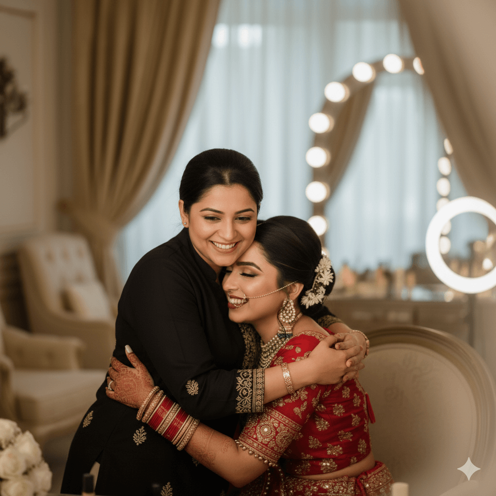 Bride thanking her makeup artist after final bridal look in Varanasi.