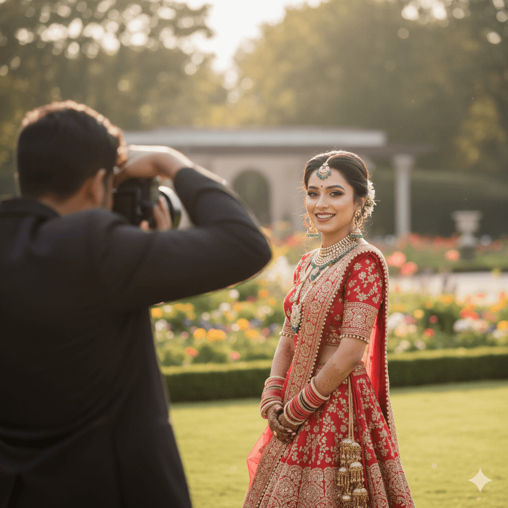 Bride with even skin tone after professional makeup for acne scars.