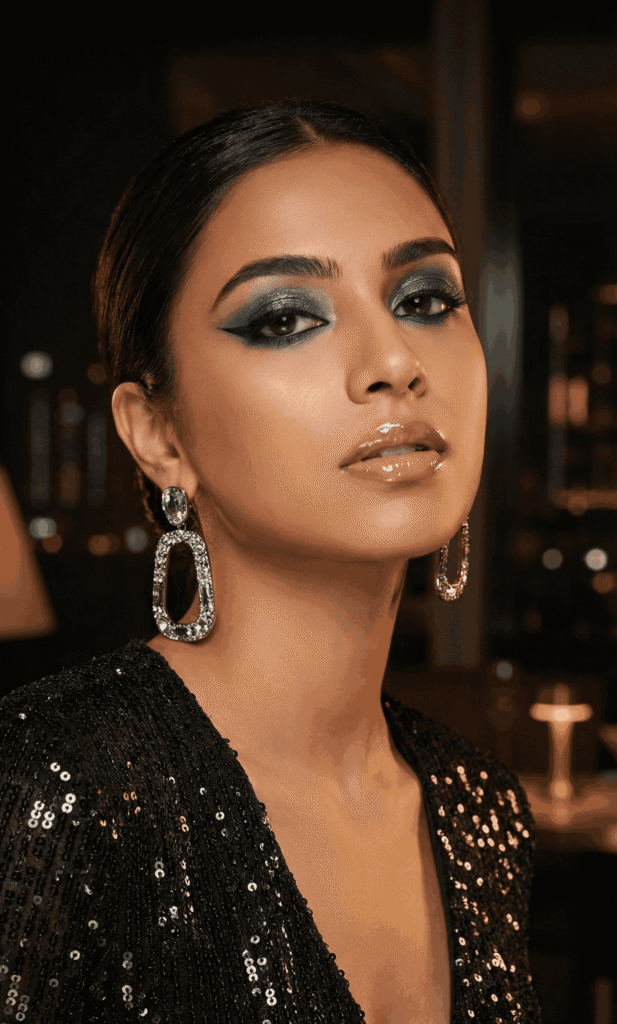 Glitter eye makeup with nude lips for night party events.