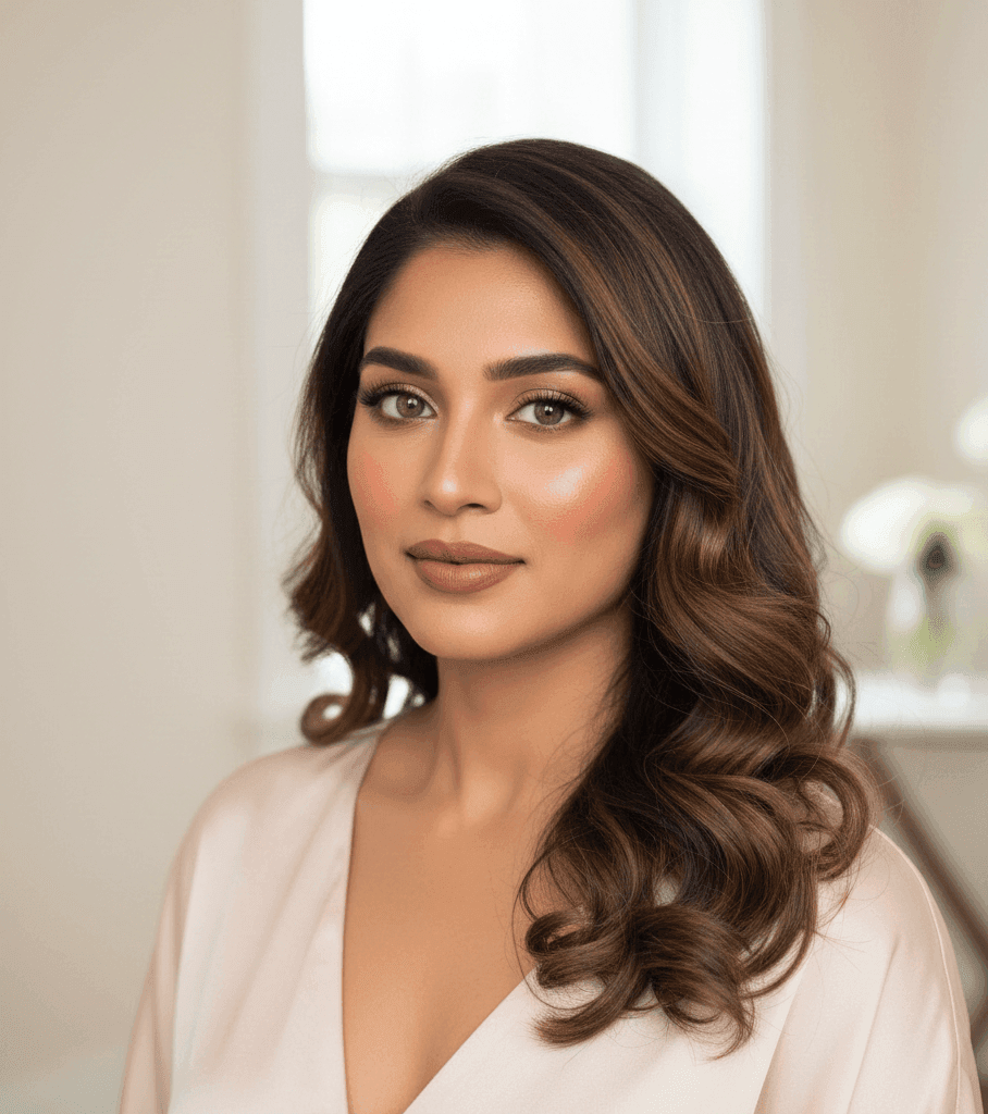 “Soft elegant anniversary makeup with champagne eyes, glossy nude lips and half-tied curls for Varanasi audience.”