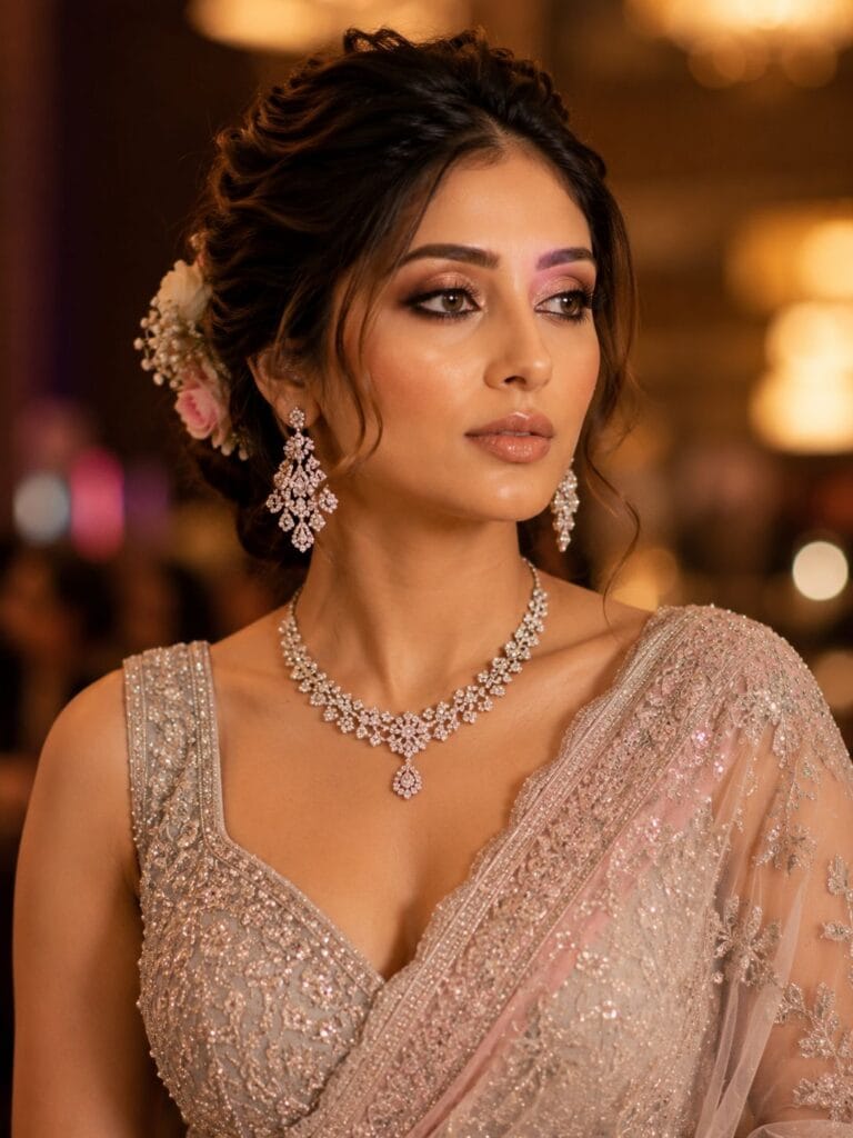 Modern Indian reception bride wearing a pastel saree with glowing soft glam makeup.