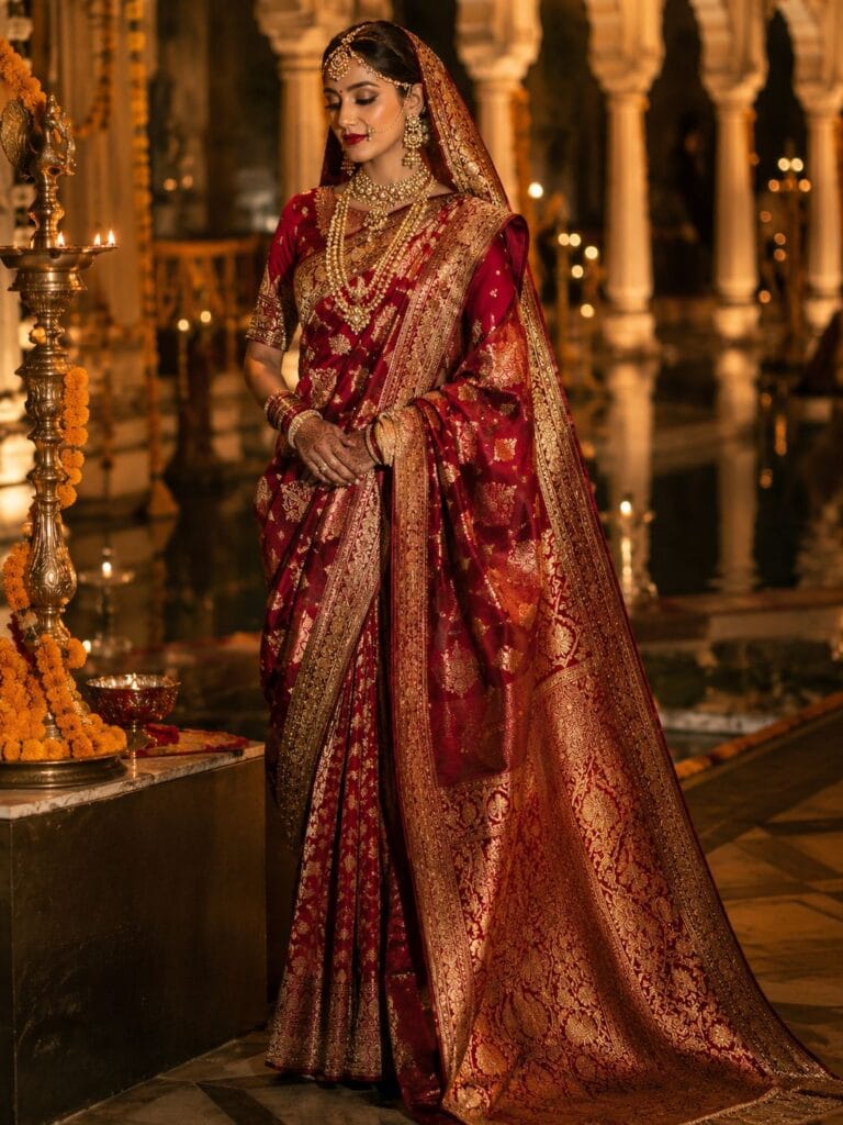 Full-length Indian bride wearing crimson Banarasi saree with heavy bridal jewelry.