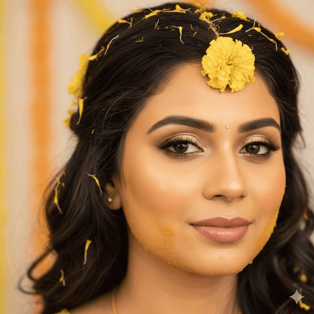 Close-up of an Indian bride’s glowing Haldi makeup with soft shimmer eyes and natural finish by a professional Varanasi makeup artist.