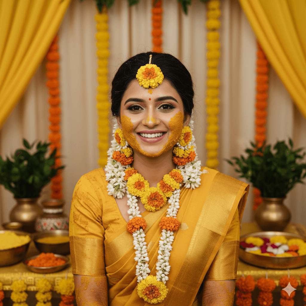Indian bride with bright and simple Haldi makeup wearing a yellow saree and floral jewelry, created by a Varanasi makeup artist.