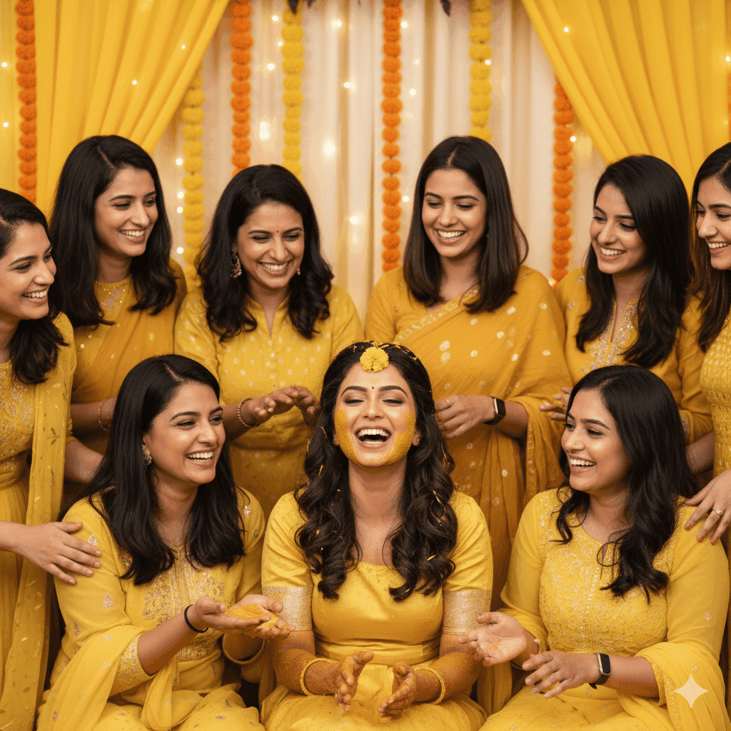 Varanasi makeup artist providing home makeup service for a bride before her Haldi function, surrounded by marigold decorations.