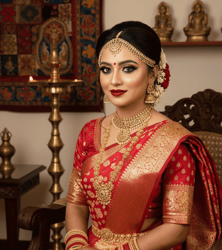makeup artist creating Banarasi bridal makeup with flawless HD basei