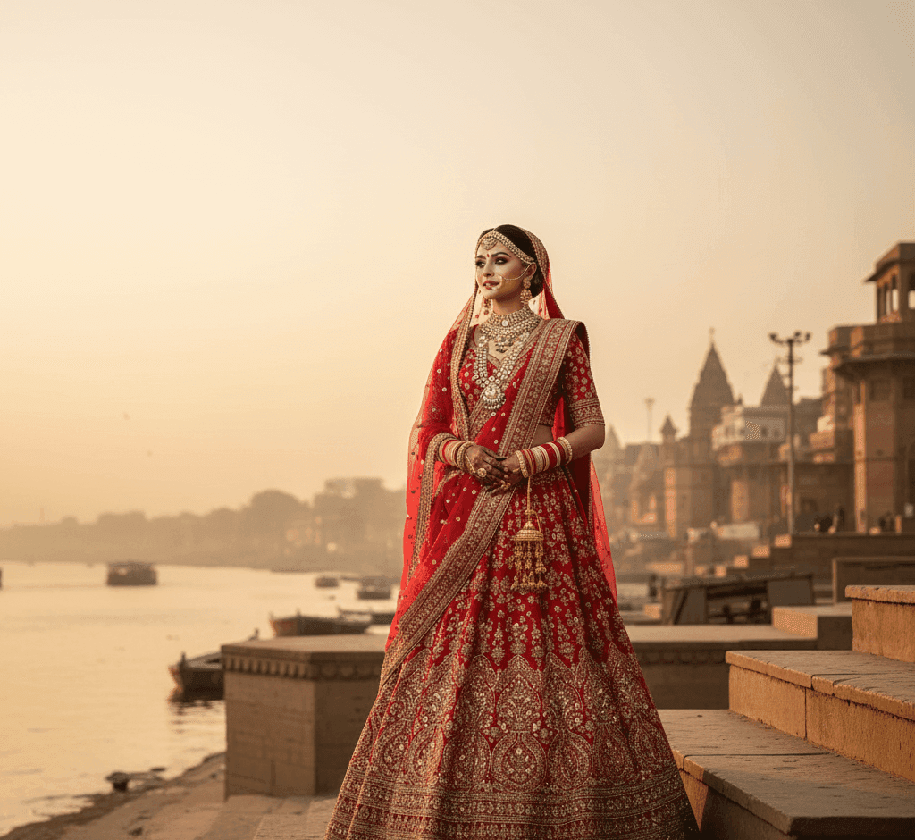 Varanasi bride wearing HD bridal makeup with perfect coverage.