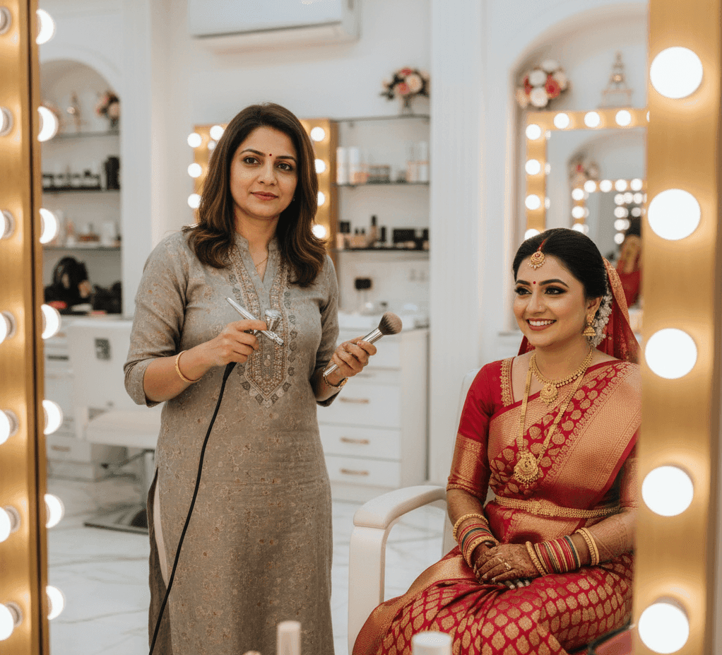 Indian bride in red Banarasi saree posing after HD and Airbrush makeup with flawless glowing skin.