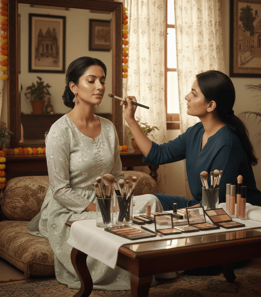 Soft glam eye makeup being done at home by a professional artist in Varanasi.”