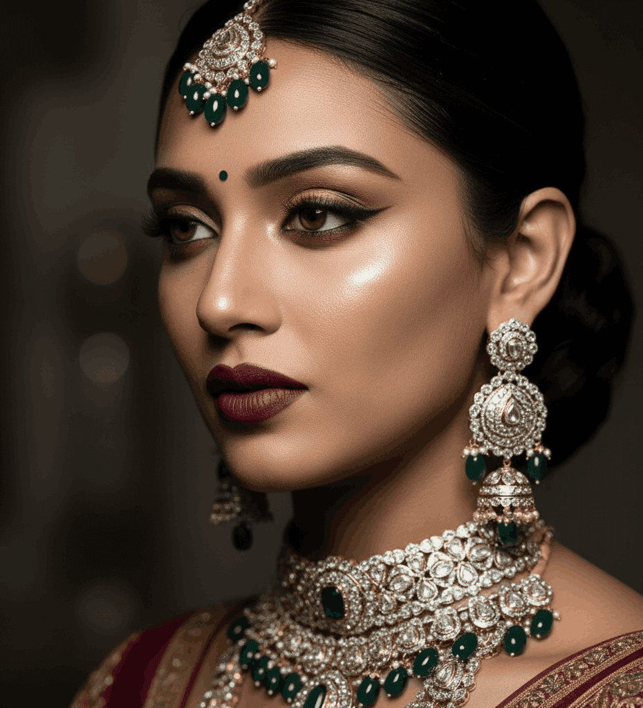 Indian bride wearing Kundan jewellery and soft glam eye makeup