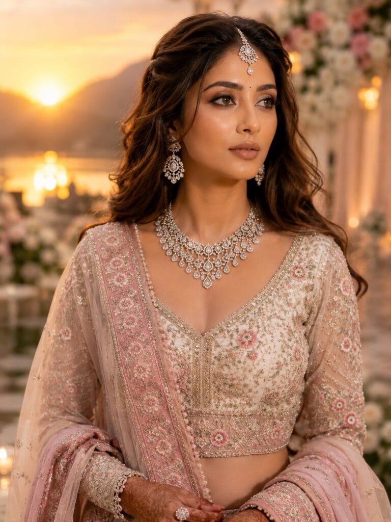 Indian destination wedding bride in a blush pink lehenga with radiant soft glam makeup.