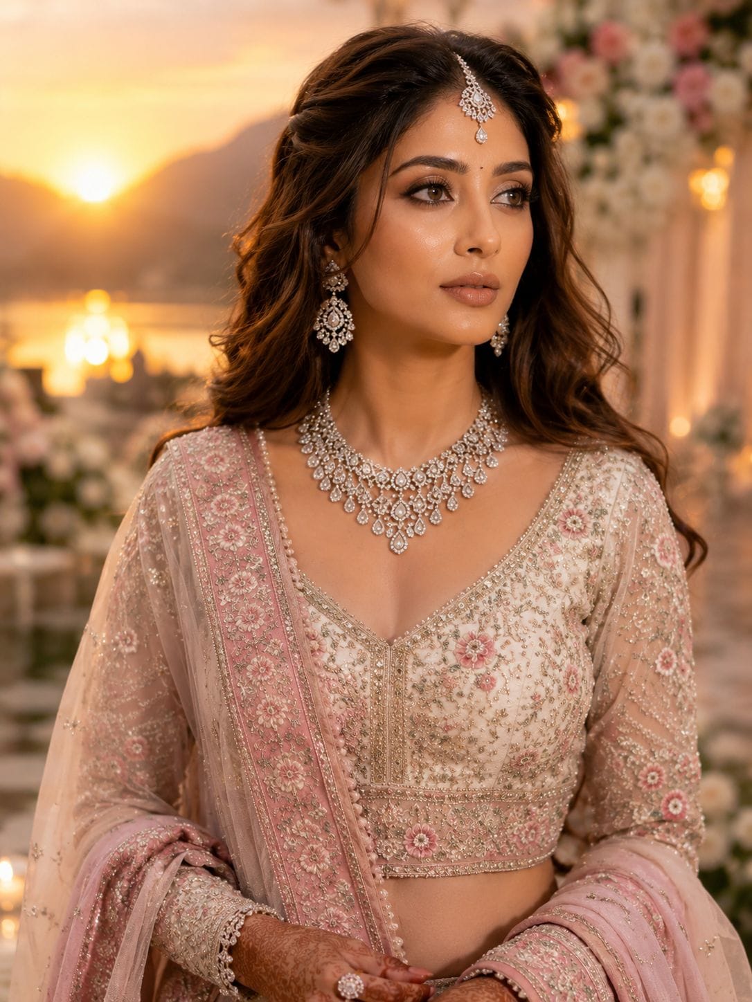 Indian destination wedding bride in a blush pink lehenga with radiant soft glam makeup.