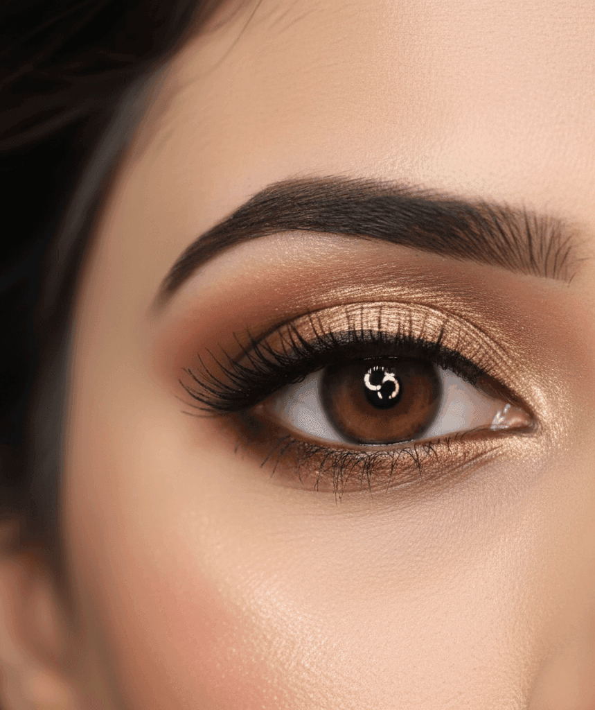 Close-up of bridal eye makeup with soft brown smokey eyes and golden shimmer.