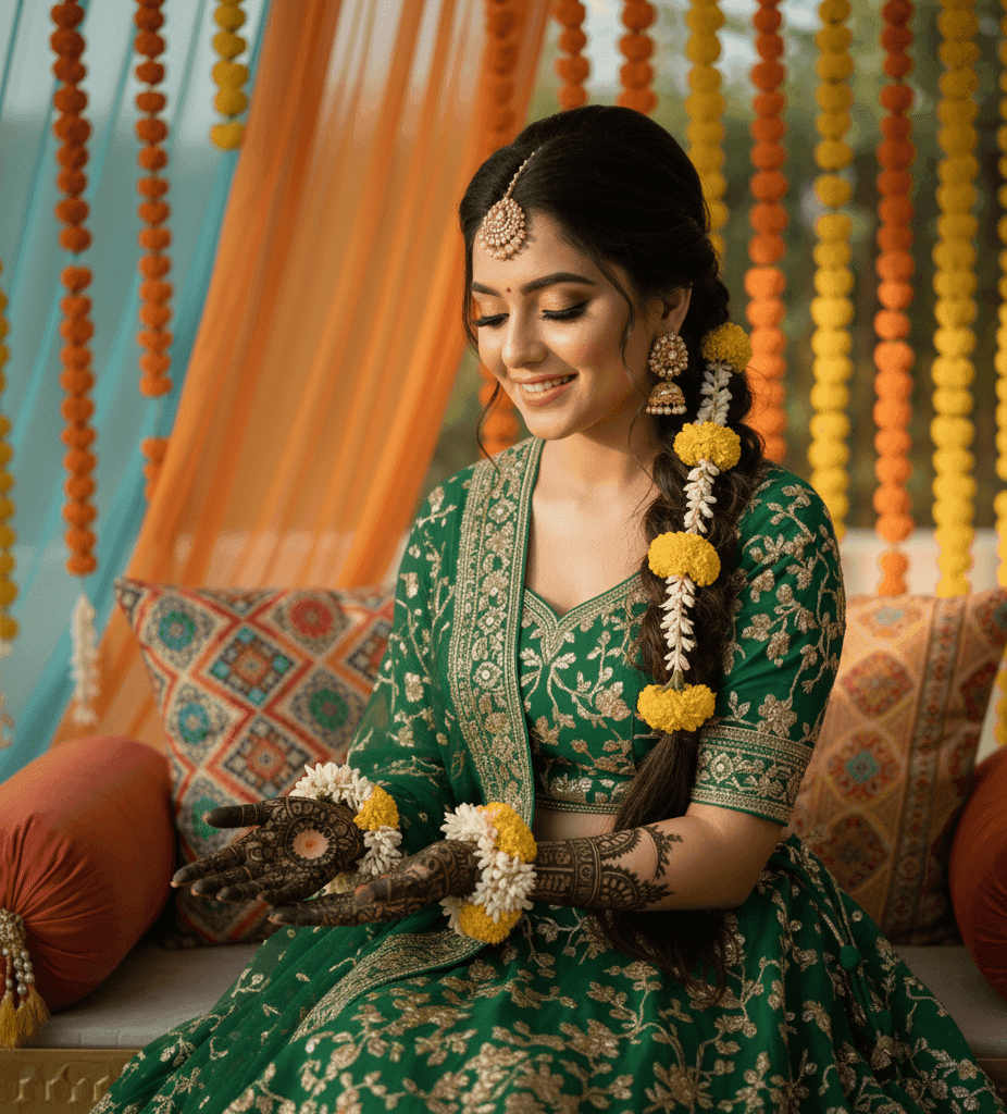 Close-up of Indian bride with glowing Mehndi makeup in yellow outfit, floral jewelry, and dewy skin in Varanasi.
