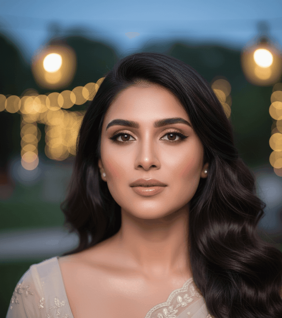 “Minimal glam anniversary makeup with peach blush, matte pink lips and messy bun hairstyle for Varanasi blog.”