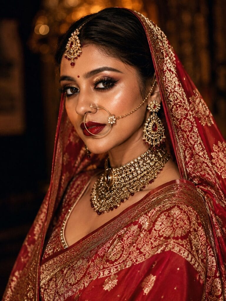 Modern Indian bride wearing a crimson Banarasi saree with glamorous bridal makeup.