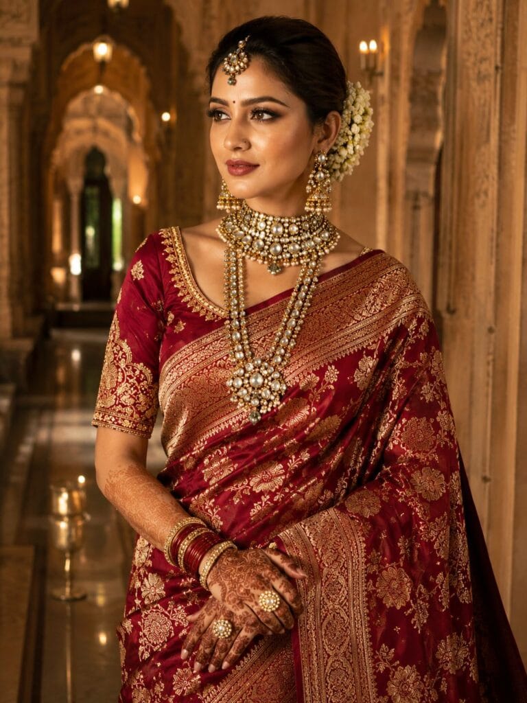 Modern Indian bride in wine-red Banarasi saree with soft glam bridal makeup.