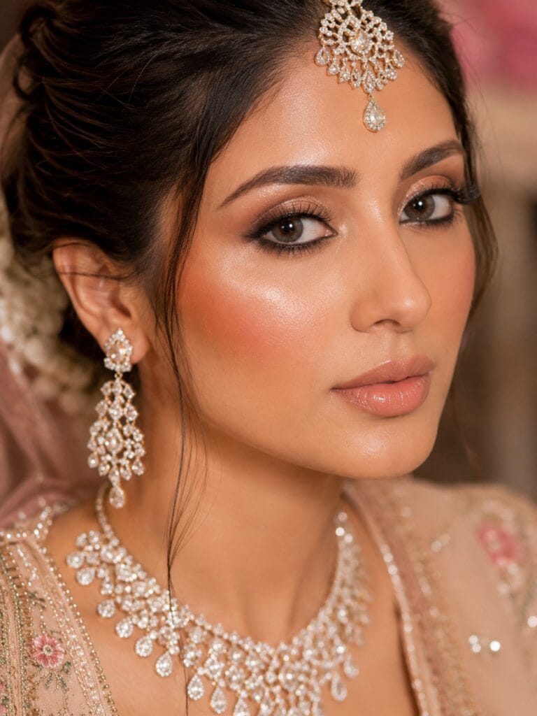 Close-up portrait of an Indian bride with dewy soft glam makeup and champagne shimmer eyeshadow.